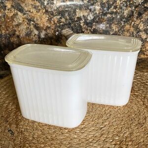 Vintage Hazel Atlas milk glass refrigerator dishes with plastic lids 40’s-60’s